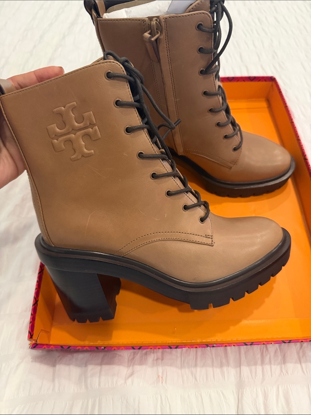 Tory Burch Tan Leather Lace-Up Platform Boot almond flour DOUBLE T LUG BOOT VACH